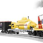MARITIME EXPLORATION SET W/ RAILSOUNDS Set Includes
GP-9 diesel locomotive, Flatcar with submarine,Mint car with simulated hull fragments
Flatcar with propeller load
Porthole caboose
3 straight FasTrack sections, 8t curved O-36 FasTrack track sections, a FasTrack terminal section, CW-80 Transformer